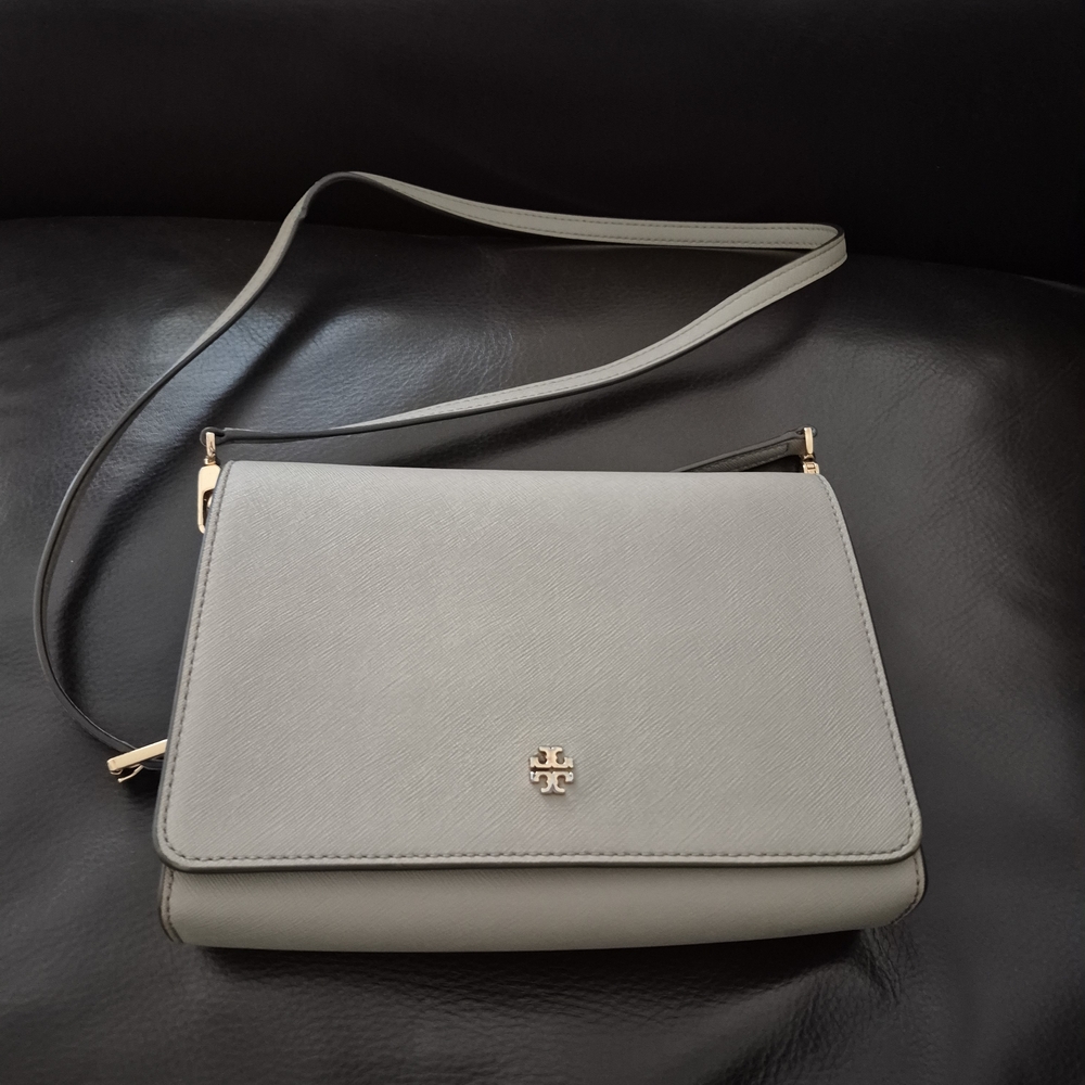 Tory Burch Light Gray Saffiano Crossbody with Gold Logo